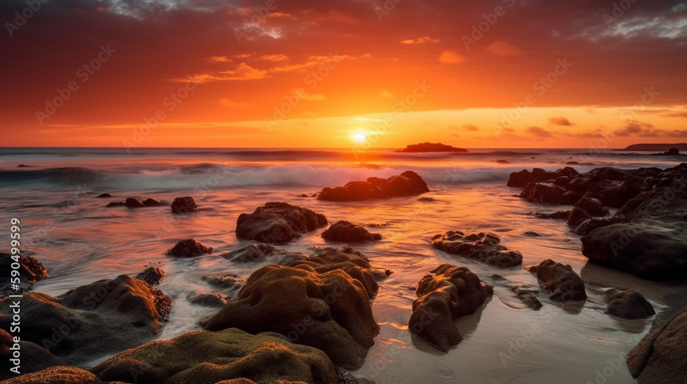 Generate a description of a beautiful sunset on a beautiful rocky ocean shore in 200 words. Leave only nouns and adjectives. Separate the words with commas. Generative AI