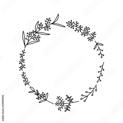 Vector wreath with doodle flowers. Hand drawn wreath with many summer flowers isolated