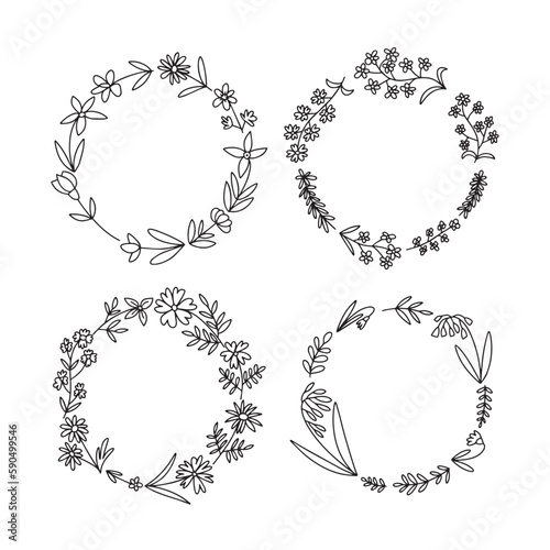 Vector set of wreathes with many summer flowers. Different wreathes with wild doodle flowers set