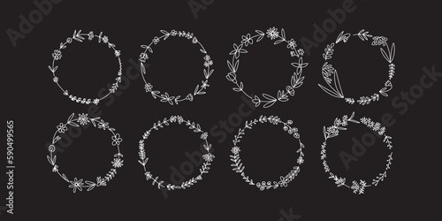 Vector set of wreathes with many summer flowers. Different wreathes with wild doodle flowers set