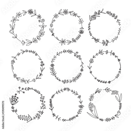 Vector set of wreathes with many summer flowers. Different wreathes with wild doodle flowers set