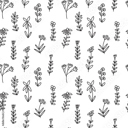 Doodle summer flowers seamless pattern. Vector mille fleur pattern on white background.