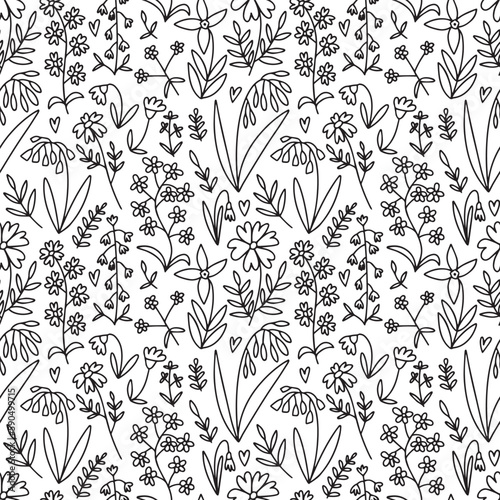 Doodle summer flowers seamless pattern. Vector mille fleur pattern on white background.