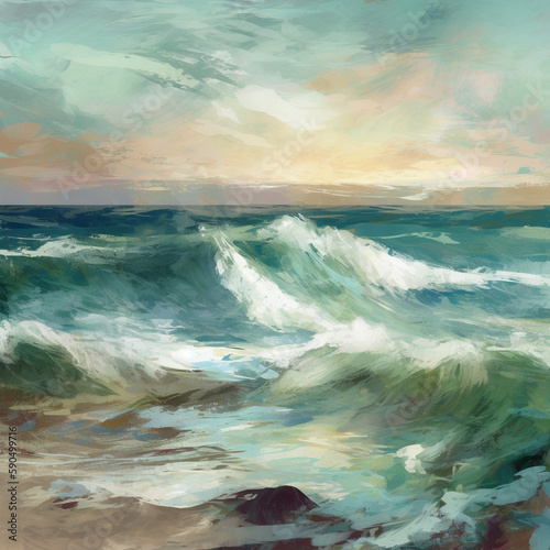 Generate a description of an unforgettable painting of an unrealistically beautiful sea coast in 200 words. Leave only nouns and adjectives. Separate the words with commas. ar 16:9 Generative AI