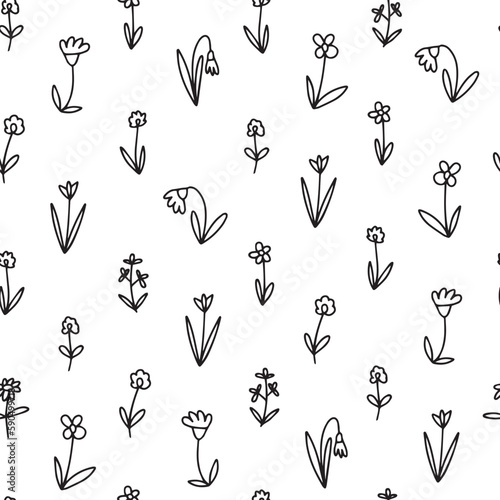 Doodle summer flowers seamless pattern. Vector mille fleur pattern on white background.