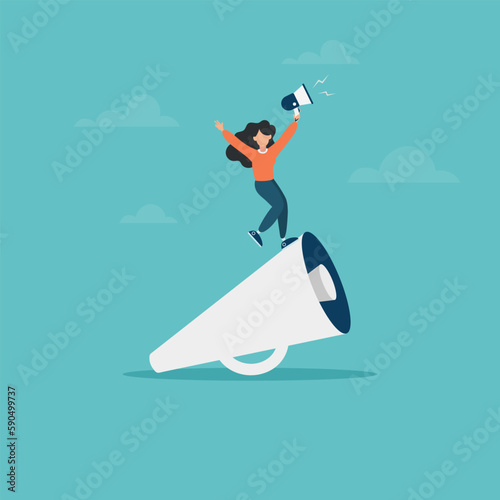 Woman leader businesswoman stands on a megaphone concept of speaking to the public. Leadership communication, ability to communicate with the team and deliver messages. Vector flat style illustration.