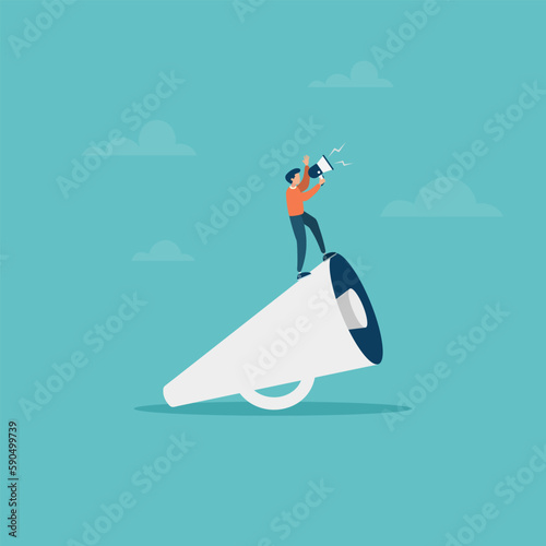Leader businessman stands on a megaphone concept of speaking to the public. Leadership communication, ability to communicate with the team and deliver messages. Vector flat style illustration.
