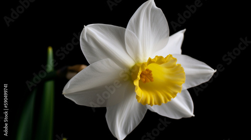 Generate a description of a beautiful narcissus flower in 200 words. Leave only nouns and adjectives. Separate the words with commas. Generative AI