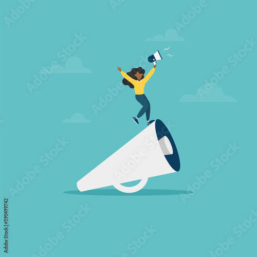 Woman leader businesswoman stands on a megaphone concept of speaking to the public. Leadership communication  ability to communicate with the team and deliver messages. Vector flat style illustration.