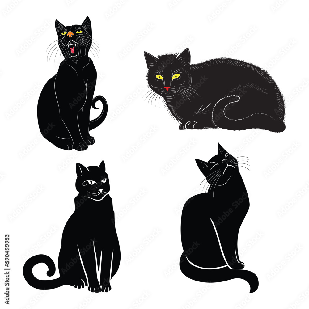 Four black cats with different colored eyes are sitting in a row.
