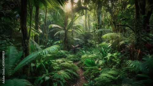 Generate a description of the beauty of a tropical forest of 200 words. Leave only nouns and adjectives. Divide the words with commas Generative AI