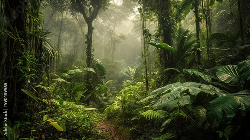 Generate a description of the beauty of a tropical forest of 200 words. Leave only nouns and adjectives. Divide the words with commas Generative AI