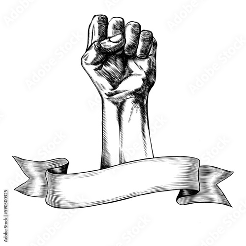 clenched fist raised hand vintage sketch. Vector hand drawn illustration. Protest, revolution, people power, mayday, demonstration, symbol