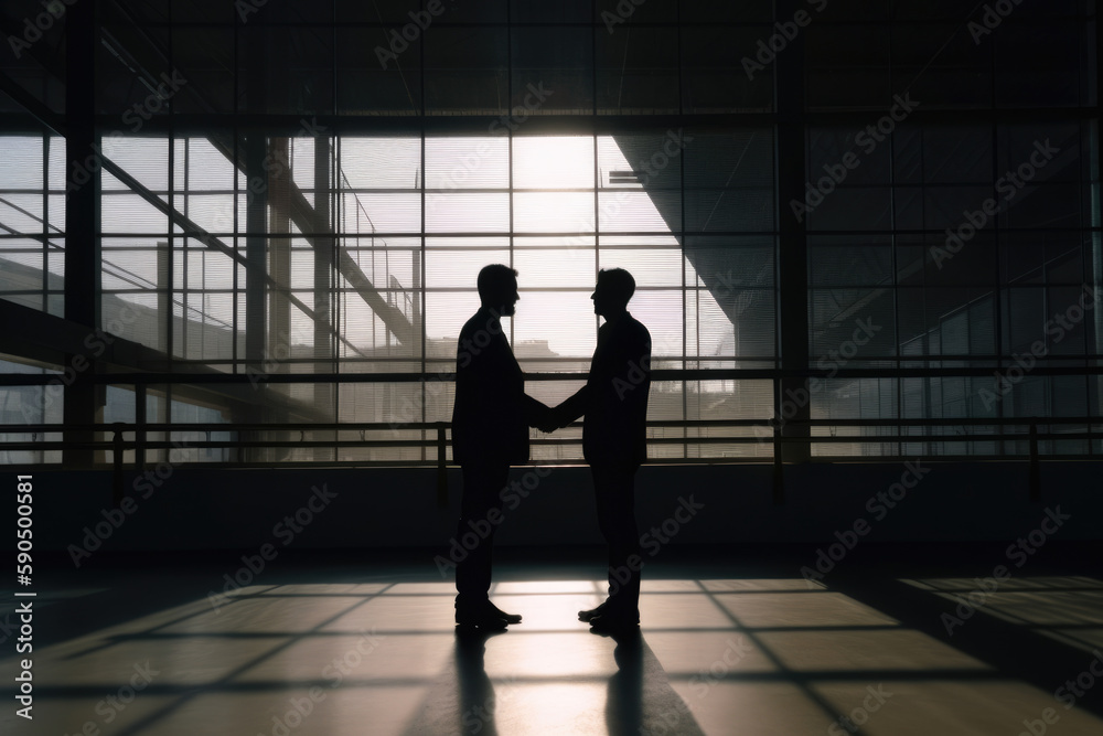 Silhouette of two businessmen men's silhouette shaking hands in a modern office with a view. Generative Ai Silhouette of two businessmen men's silhouette shaking hands in a modern office with a view. Generative Ai