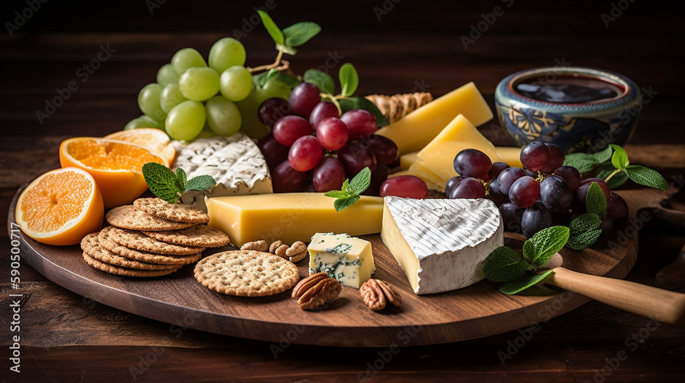 Mouth-watering cheese platter with crackers and fruit Generative AI