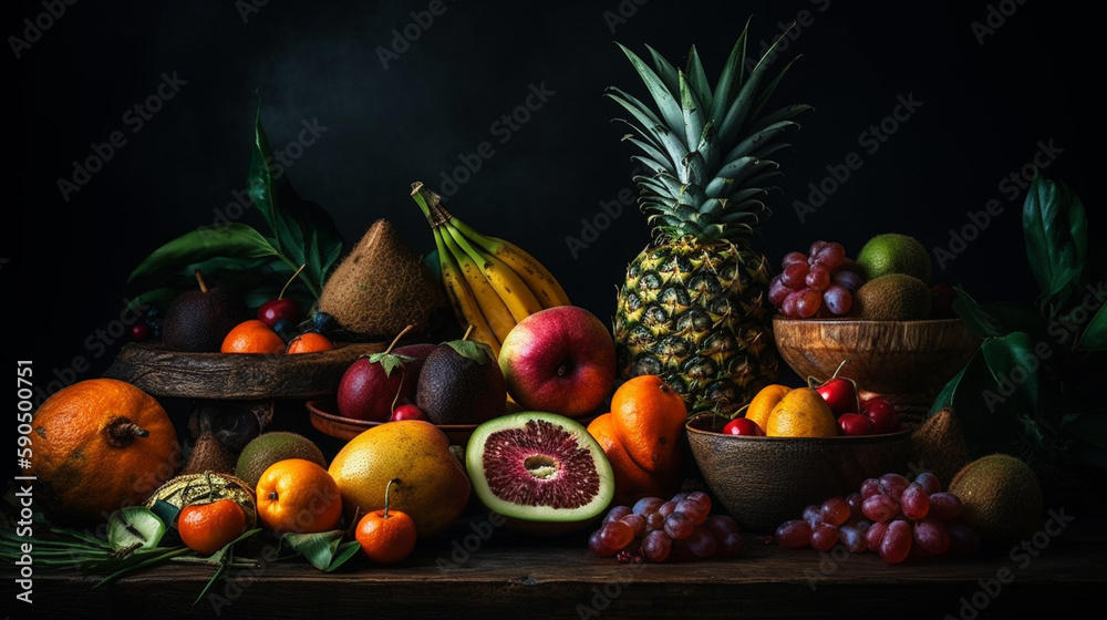 Exotic still life with a variety of tropical fruits on a dark background Generative AI