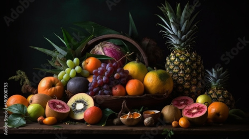 Exotic still life with a variety of tropical fruits on a dark background Generative AI