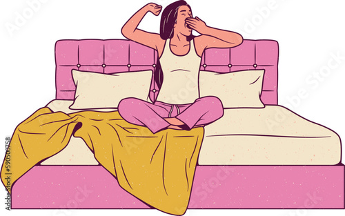 woman sleeping  in the bed and yawning over white background, vector illustration