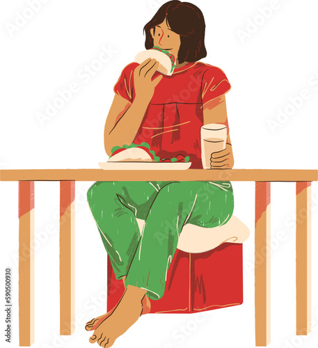 Illustration of a woman sitting at a table and eating a hamburger photo