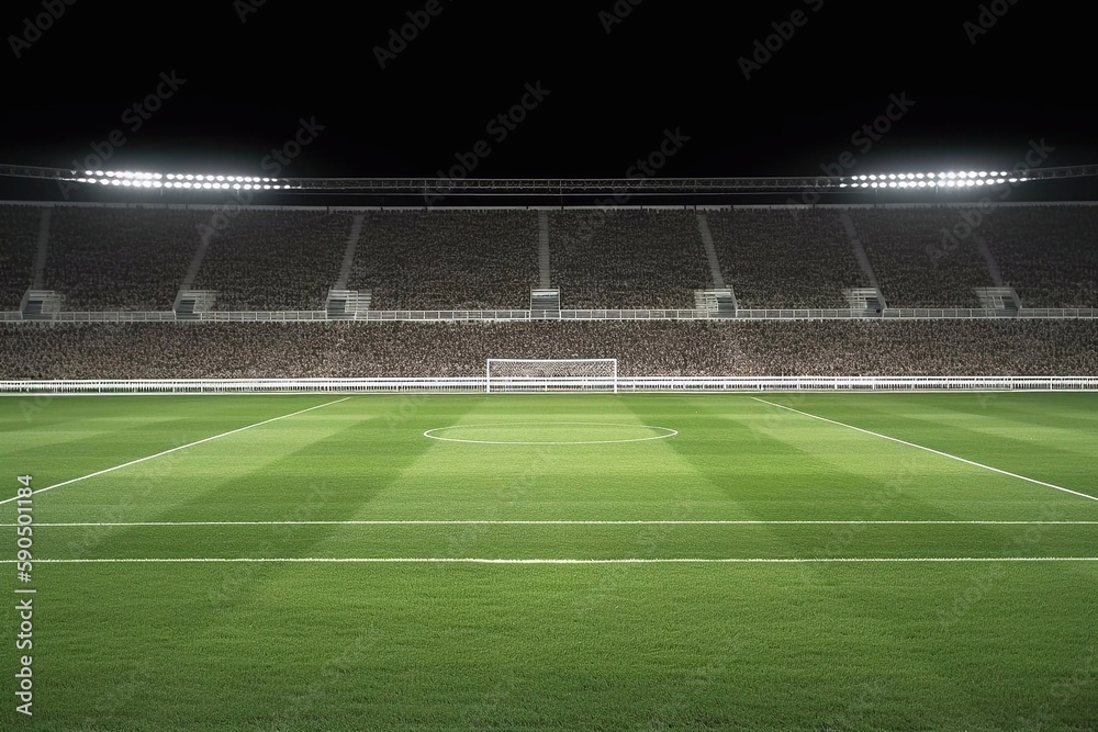 Empty football field with flashlights and dark night sky background. Generative AI