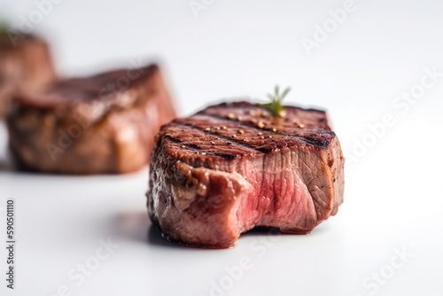 Yummy beef grill steak in a light white background with fire and smoke, food photograph, food styling
