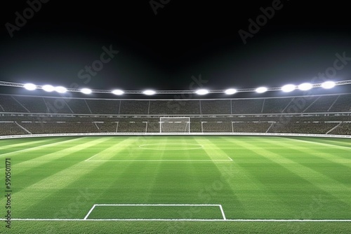 Empty football field with flashlights and dark night sky background. Generative AI © AIproduction