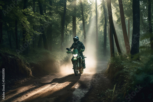 Motorbiker on the forest road riding. Generative AI © AIproduction