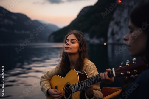 Image of young caucasian brunette woman playing acoustic guitar. Generative AI
