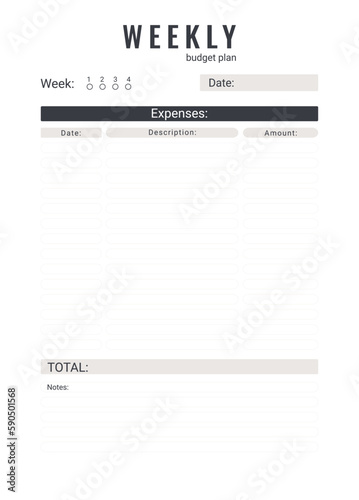 Weekly personal monthly budget planner, vector illustration