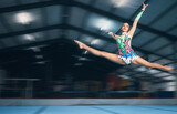 Fitness, gymnastics and girl in arena jumping for competition sport, exercise and training with mockup space. Sports, movement and jump, professional woman gymnast in form and balance in performance.