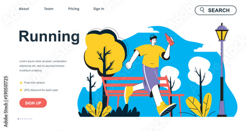 Running concept for landing page template. Man running in park, marathon training. Outdoor cardio workout, sport activity people scene. Vector illustration with flat character design for web banner