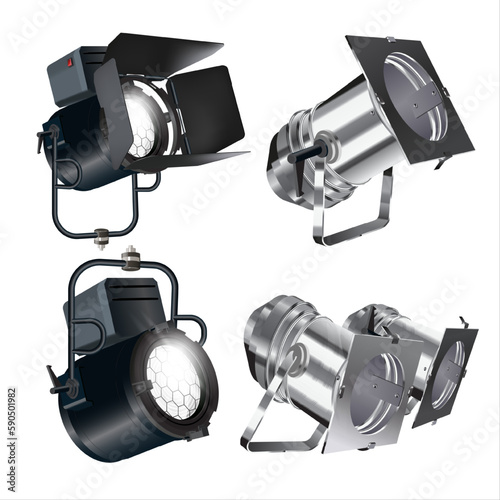Set of realistic vector floodlights, soffits, studio lights. Professional shooting light, studio projector. Cinema production, photoshooting. Spotlight isolated on white background