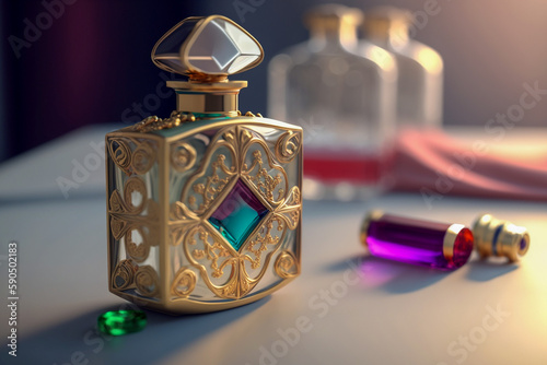 Glass bottle of women's perfume on the table. Super photo realistic background. Generative ai illustration