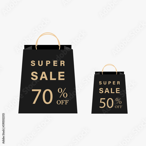 Black bags with gold inscription "Super sale 70% and 50%" on a light gray background. Vector illustration.