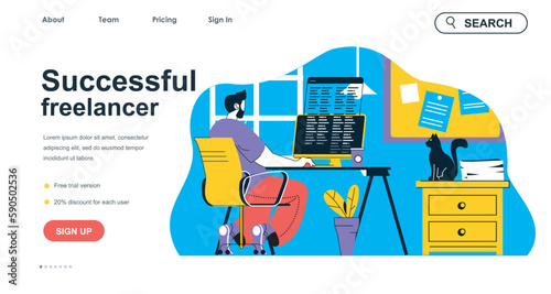 Successful freelancer concept for landing page template. Man developer works on computer on project online, earning profit, people scene. Vector illustration with flat character design for web banner