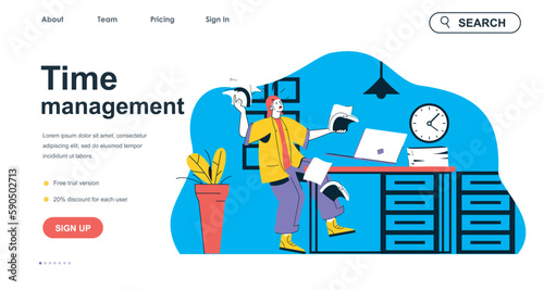 Time management concept for landing page template. Employee hurries to finish documents work on time. Office working process people scene. Vector illustration with flat character design for web banner