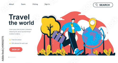 Travel the world concept for landing page template. Man with luggage and map goes on worldwide trip. Vacation and tourism people scene. Vector illustration with flat character design for web banner