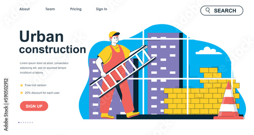 Urban construction concept for landing page template. Man building brick wall, working and constructing house. Real estate people scene. Vector illustration with flat character design for web banner