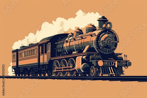 Flat illustration of a steam locomotive, representing the First Industrial Revolution, transporting passengers and goods. generative ai photo