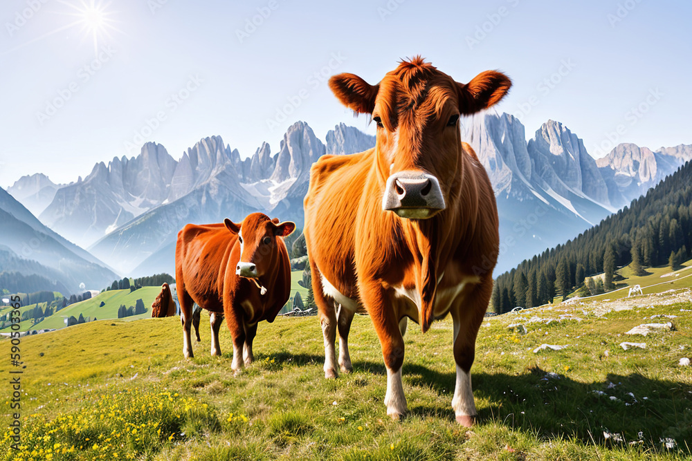 Cow grazing in an alpine meadow, Generative AI Cow grazing in an alpine meadow, Generative AI