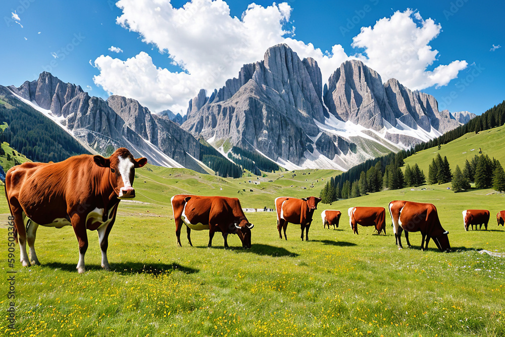 Fototapeta premium Cow grazing in an alpine meadow, Generative AI