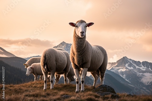 Sheep grazing in alpine meadows and units with mountain nature. Generative AI.