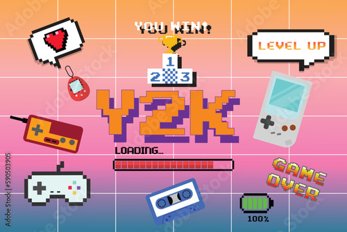 Y2K trendy set of objects, retro game,digital pet,pager , 1990s 2000s style, pixel heart, wow text, vector illustration	 photo