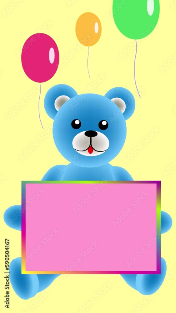 Vertical animated social media template. Background for children's holidays with place for text. Teddy bear sits with balloons Vertical animated social media template. Background for children's holidays with place for text. Teddy bear sits with balloons