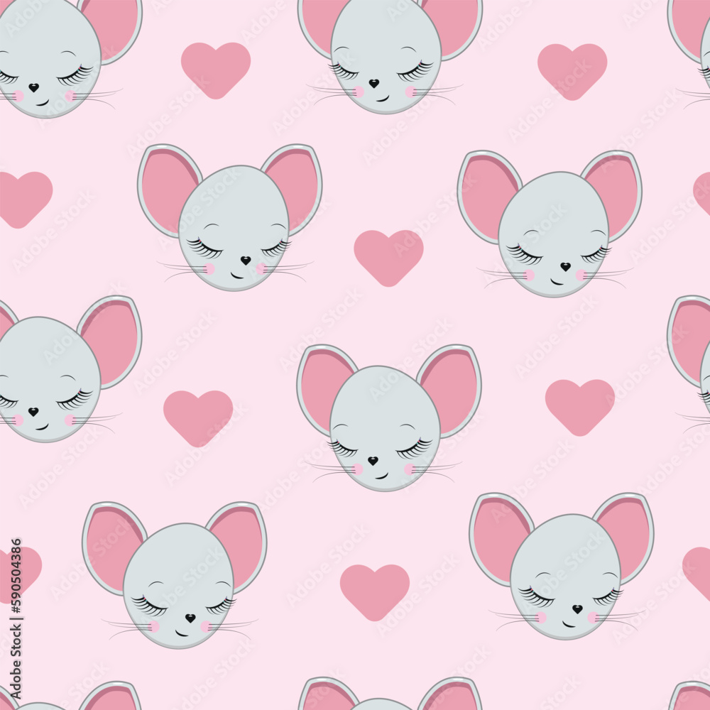 Cute mouse on a pink background.Vector hand drawn illustration.