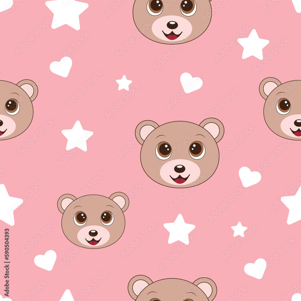 Seamless pattern with bear, heart, stars. Creative pink background. Ideal for apparel, fabrics, textiles, baby clothes, wrapping paper. Vector illustration.