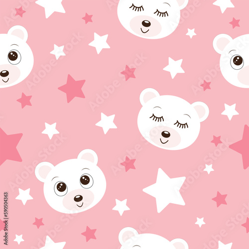White kawaii polar bear cute face with stars texture, baby forest animals seamless pattern for wrapping paper, fabric and textile print.