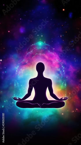 Meditating human silhouette in yoga pose. Galaxy universe background. Colorful chakras and aura glow. Meditation on outer space background with glowing chakras. Esoteric. © Ilia