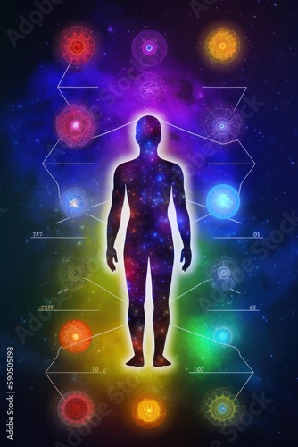 Meditating human silhouette in yoga pose. Galaxy universe background. Colorful chakras and aura glow. Meditation on outer space background with glowing chakras. Esoteric. © Ilia