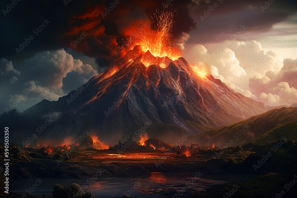 A terrible and large-scale volcanic eruption. Generative AI illustration.